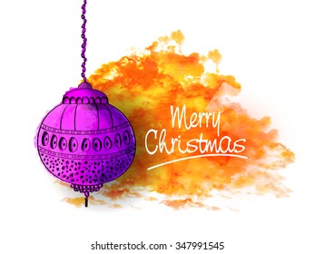 Greeting card design with floral purple Xmas Ball hanging on color splash background for Merry Christmas celebration.