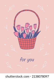 Greeting card design with flowers in the basket. Vector illustration.