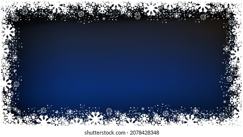 Diseño de tarjetas de felicitación, marco con copos de nieve. Nevada blanca de invierno, papel, invierno para las vacaciones de Año Nuevo. Fondo azul. Feliz Navidad y Feliz Año Nuevo, 2022. Nochebuena, calendario, vector