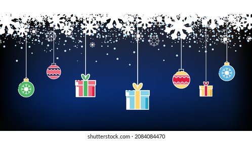 Greeting card design, frame with snowflakes. Hanging Christmas gifts in blue and yellow. Winter snowfall, paper, holidays. Blue background. Merry Christmas and Happy New Year, 2022 calendar, vector