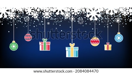Greeting card design, frame with snowflakes. Hanging Christmas gifts in blue and yellow. Winter snowfall, paper, holidays. Blue background. Merry Christmas and Happy New Year, 2022 calendar, vector