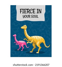 Greeting card design with funny dinos. Creative postcard for children with text and colorful dinosaurs. Creatures and fossil reptiles concept. Template for promotional postcard or brochure