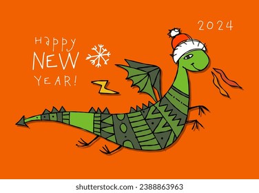 Greeting card design with funny Dragon character in Santa hat. Symbol of Chinese New Year 2024 for your design