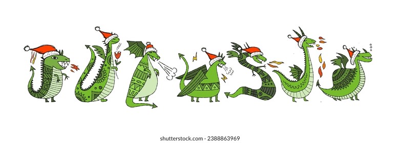 Greeting card design with funny Dragon characters in Santa hats. Symbol of Chinese New Year 2024 for your design