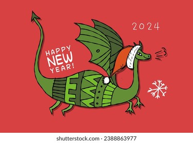 Greeting card design with funny Dragon character in Santa hat. Symbol of Chinese New Year 2024 for your design