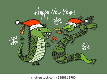 Greeting card design with funny Dragon characters in Santa hats. Symbol of Chinese New Year 2024 for your design