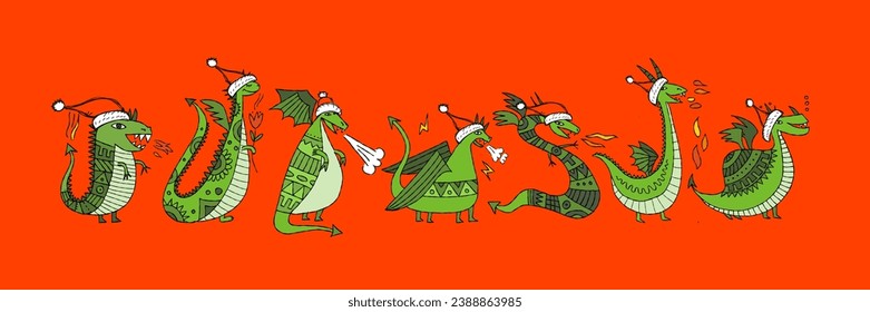 Greeting card design with funny Dragon characters in Santa hats. Symbol of Chinese New Year 2024 for your design