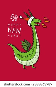 Greeting card design with funny Dragon character in Santa hat. Symbol of Chinese New Year 2024 for your design