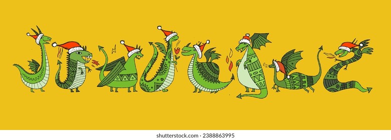 Greeting card design with funny Dragon characters in Santa hats. Symbol of Chinese New Year 2024 for your design