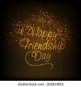 Greeting card design with golden stylish text Happy Friendship Day on shiny fireworks on black background. 