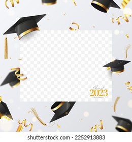 Greeting card for design of graduation 2023. Falling graduation caps, confetti and serpentine. Vector banner with place for photo from graduation for decoration social media, banners, posters.