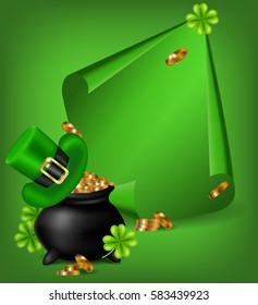 Greeting card design with green curved, paper banner and pot full of golden coins, green hat and shamrock.Vector illustration.Lettering typography. 