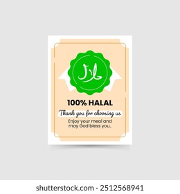 Greeting Card Design for Halal Food Packaging. A vector card featuring elegant handwritten typography, ideal for halal food products. Includes 100% halal certification and a heartfelt thank you note