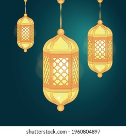  Greeting card design with half moon and mosque on green background. Hanging Lamps. vector illustration design