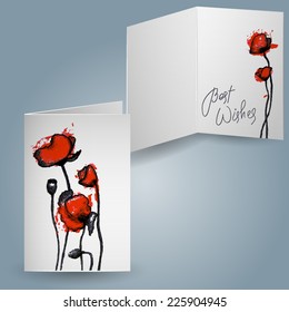 greeting card design with hand drawn watercolor poppy flowers