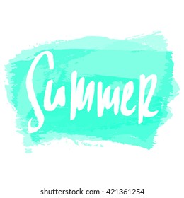 Greeting card design with hand lettered text "Summer" on neon blue brush strokes background.