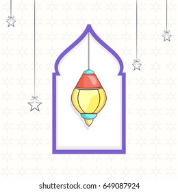 Greeting Card design with hanging lantern and stars decoration for Muslim Community Festival, Ramadan Kareem celebration.