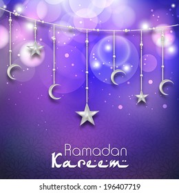 Greeting card design with hanging moon and stars in shiny purple background for holy month of muslim community Ramadan Kareem.