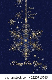 Greeting card design with hanging snowflake, text, stars. Elements are made of golden and silver jewelry chains. Inscription Happy New Year. Shiny sprakle stars on deep blue textured background