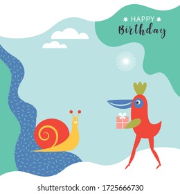 Greeting card design. Happy Birthday card ,banner template.  Children illustrations style. Cute birds and snail ,  gift card.