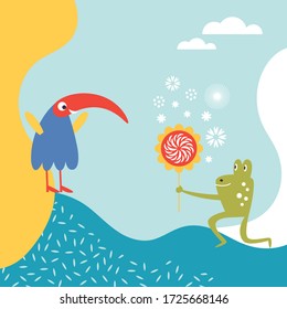 Greeting card design. Happy Birthday card ,banner template.  Children illustrations style. Gift card.