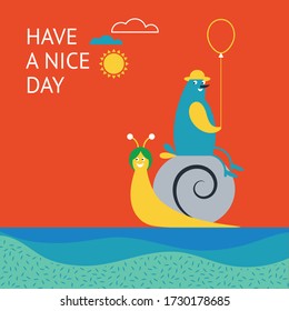 Greeting card design. Happy Birthday card . Have a nice day card. Children illustrations style. Gift card.