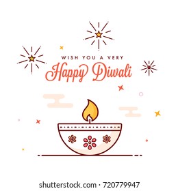 Greeting card design for Happy Diwali celebration with illuminated oil lamp.