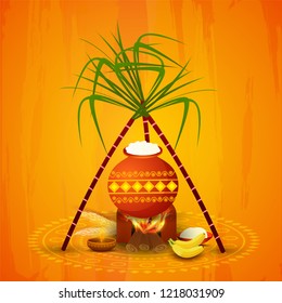 Greeting card design for Happy Pongal festival celebration traditional pot, sugarcane and offerings on orange background. Religious festival of South India.