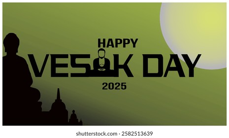 Greeting card design for HAPPY WESAK DAY 2025, Modern Buddha statue silhouette, yellow gradient background.