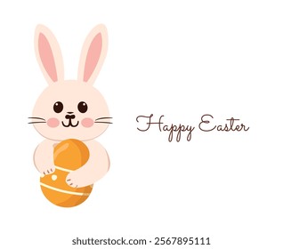 Greeting card, design for holiday card and Easter day invitation with cute Easter bunny holding a painted egg in his paws Vector illustration on white background. 