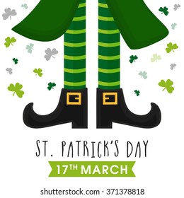 Greeting card design with illustration of Leprechaun legs on shamrock leaves decorated background for Happy St. Patrick's Day celebration.