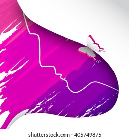 Greeting card design with illustration of young girl and butterfly, velvet ang pink color grunge style