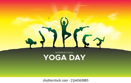 Greeting card design for International yoga day. Group of people practicing yoga. Vector illustration