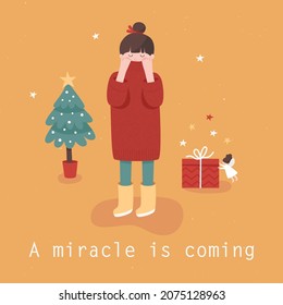 A Greeting Card Design. An Introvert Girl In A Warm Sweater Hiding From Holiday Rush. A Cute Vector Illustration. An Angle Is Preparing A Christmas Miracle For A Young Woman. Surprise In A Gift Box. 