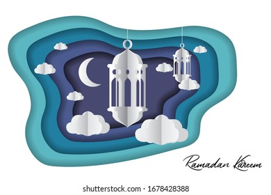 Greeting card design, an invitation for Muslim's holy month, Ramadan Kareem. Paper cut concept, with Moroccan lanterns and clouds on a bluish tone theme.
