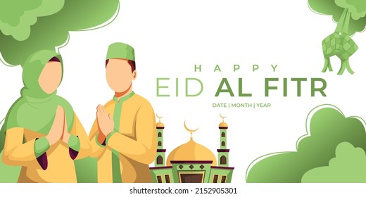 Greeting card design for Islamic day with couple character illustration