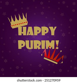 Greeting card design for Jewish holiday Purim vector flat design. Jewish Spring Carnival greeting card / poster. Purim party traditional attributes: king's crown & clown's hat. Layered, editable.