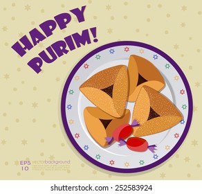 Greeting card design for Jewish holiday Purim vector template. Jewish Spring Carnival greeting card / poster. A plate of sweets traditionally given to neighbors & friends. Sample text. Editable.