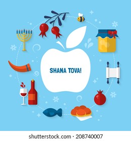 Greeting card design for Jewish New Year Holiday with text "Happy New Year". Vector illustration