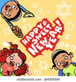 Greeting card design for Jewish New Year Holiday. Happy jewish children eating sweet apple. Vector illustration