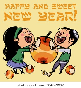 Greeting card design for Jewish New Year Holiday. Happy jewish children eating sweet apple. Vector illustration