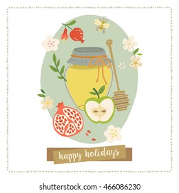Greeting card design for Jewish New Year Rosh Hashana. Hand drawing vector illustration