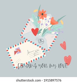 Greeting card design with  love letter with flowers inside. Card or banner template for Valentine day with bouquet of flowers in mail envelope, flat vector illustration.