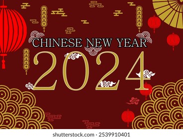 Greeting card design for the Lunar New Year 2025. The background is a deep red with a traditional Asian wave pattern in bright red, adding a decorative element.