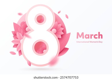 Greeting card design for March 8 - International Women's Day. Large number 8 on a background of pink decorative flowers, with space for text. 3D style. Isolated on white. Vector illustration