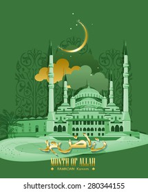 Greeting card design with mosque for Ramadan Kareem, Ramazan Mubarak - Month of Allah in Arabic.
