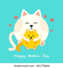 Greeting card design for Mothers Day. Cat mother and kitty child hugging, vector illustration