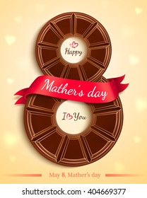 Greeting card design for Mother's Day. Happy mothers day greeting card design with chocolate and pink ribbon. Vector illustration