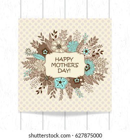 Greeting card design for Mother's Day with flowers, leaves and berries on dotted background