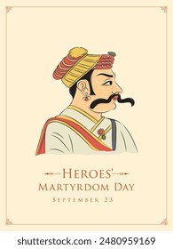 Greeting Card Design with Mural style illustration of Rao Tula Ram. Heroes' Martyrdom Day is a regional public holiday in Haryana, India on September 23rd each year.